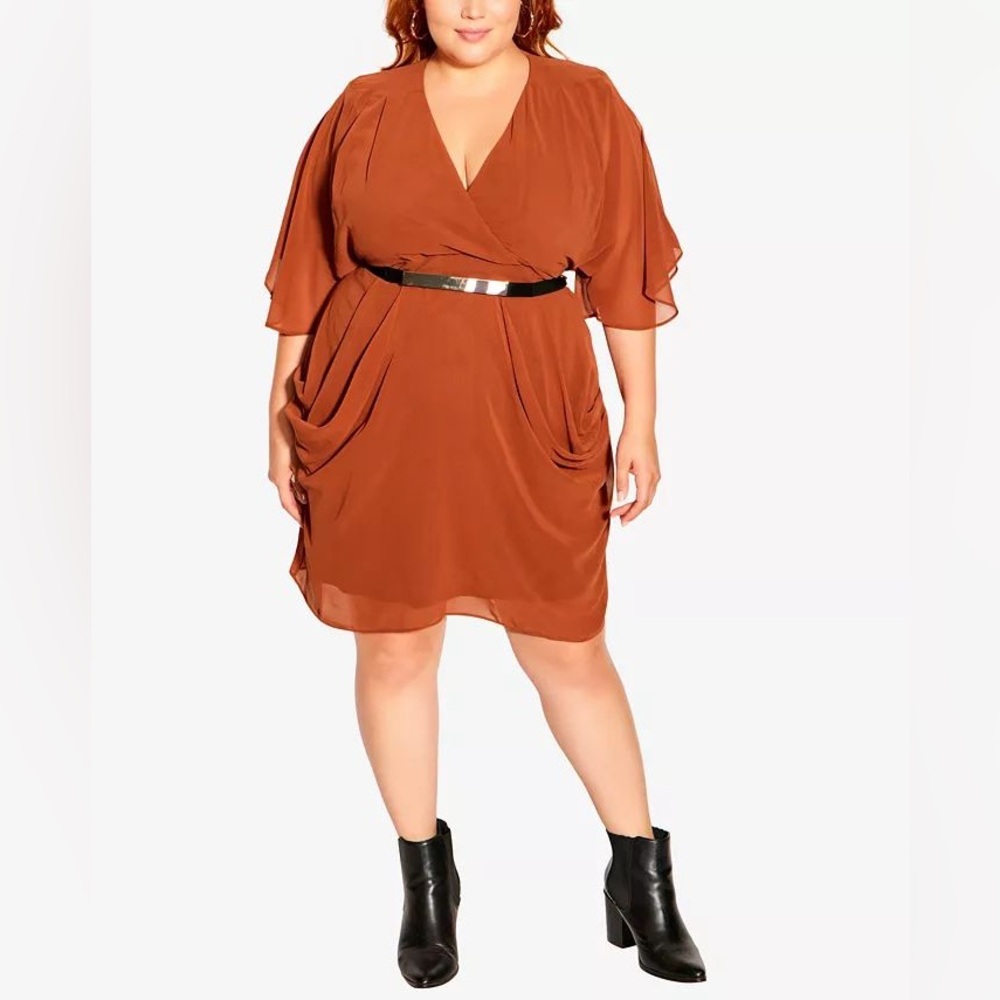 CITY CHIC Draped Faux Wrap Mini Dress w Belt - Rust Orange - Picture 2 of 16